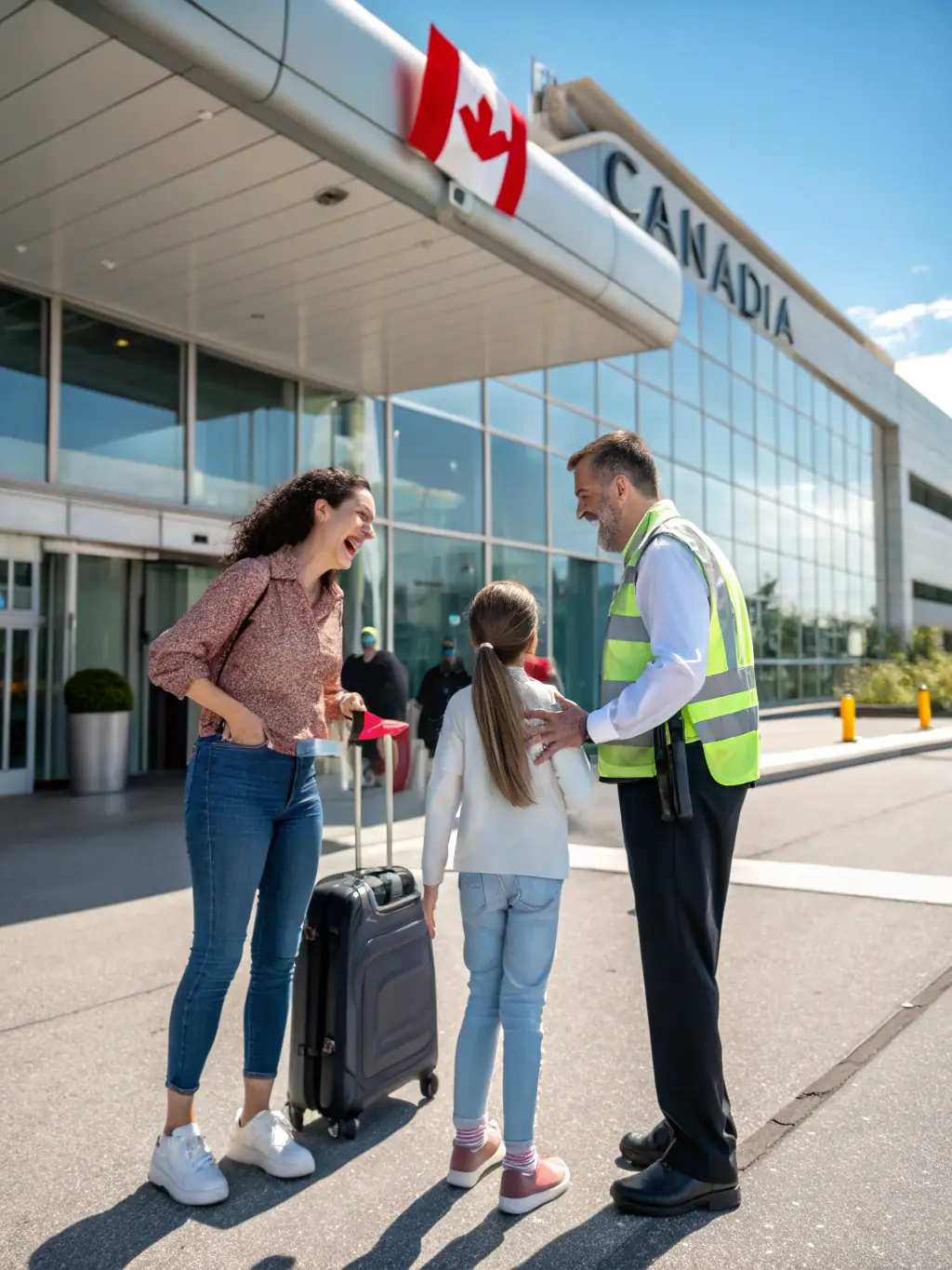 A family happily arriving at a Canadian airport, symbolizing Immigratour's family relocation services to Canada.