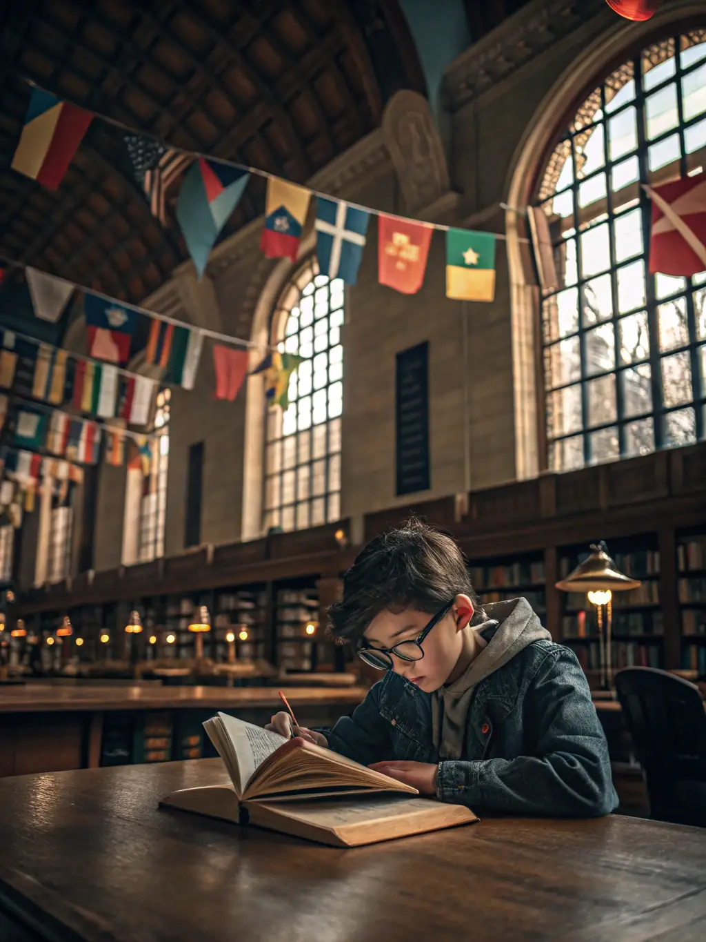 A student studying in a modern European library, representing Immigratour's student visa services for Europe.