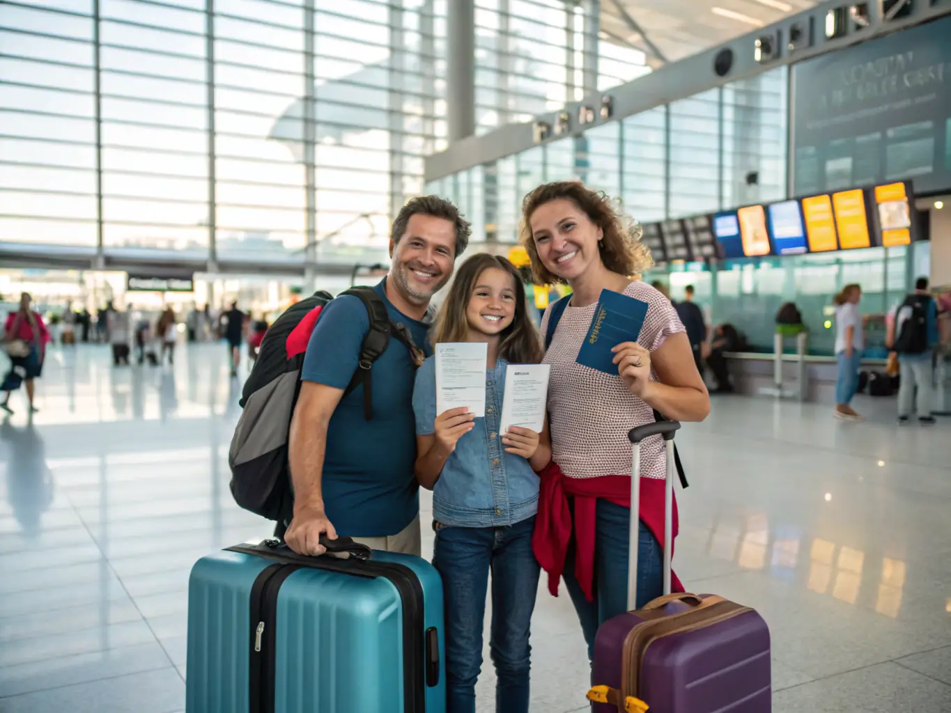 Services A family happily arriving at an airport, greeted by Immigratour staff holding a welcome sign, symbolizing the start of their new life abroad.